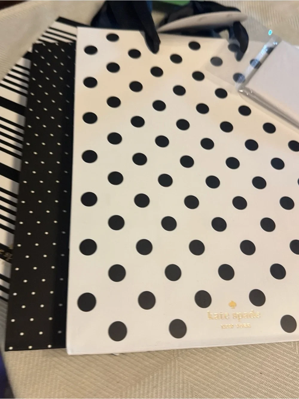 kate spade Black & White Polka Dot Gift Bag with Gold Logo